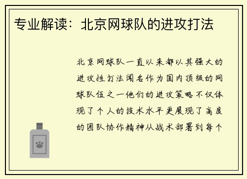 专业解读：北京网球队的进攻打法