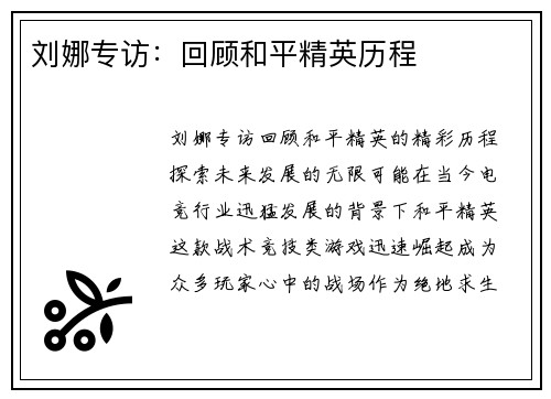 刘娜专访：回顾和平精英历程